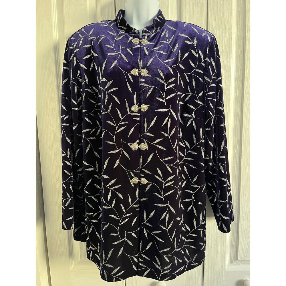J.B.S. LTD Purple Velvet Jacket Gold Metallic Leaf Clasp Mandarin Collar 18W